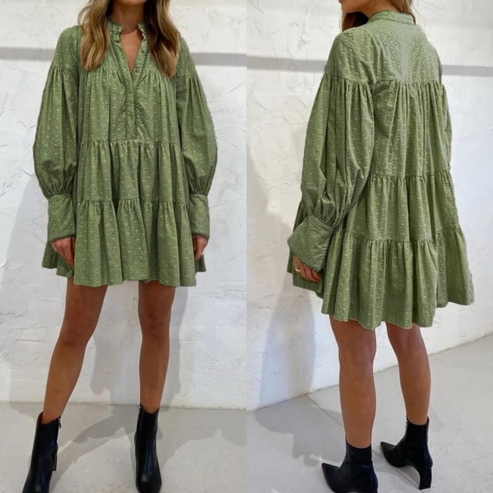 Textured Sage Green Tiered Mini Dress